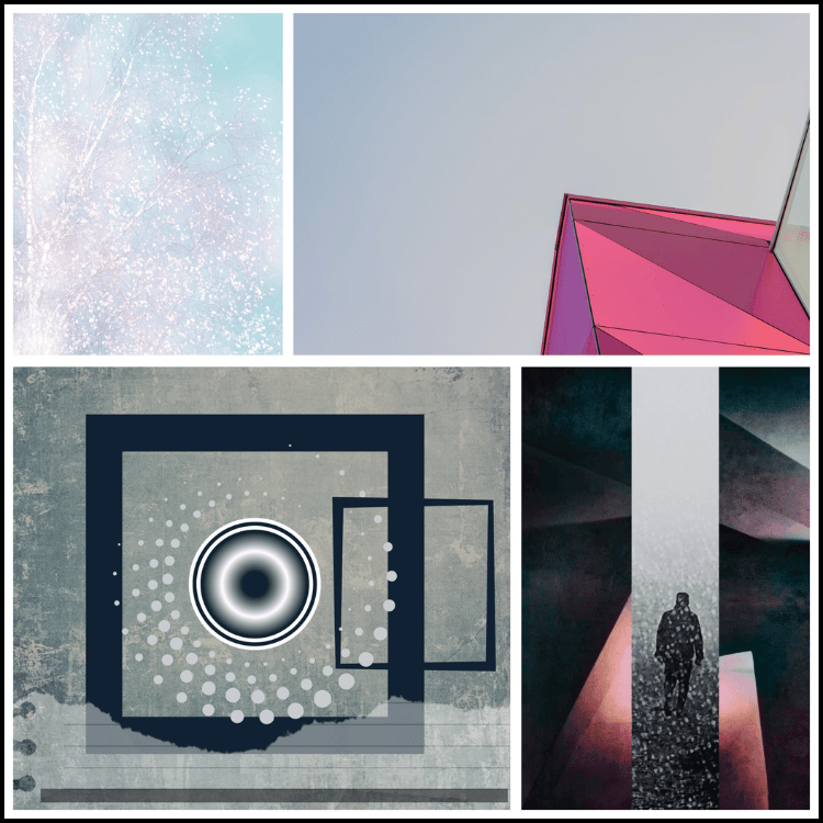 Music inspired abstract artwork Mod Noir by Shane Garton, combining geometric forms, architectural fragments, atmospheric textures and contrasting pale, dark and pink tones.