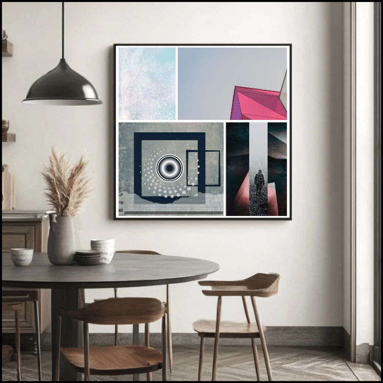 Contemporary abstract wall art featuring geometric shapes, architectural forms, atmospheric textures and contrasting pink, black, charcoal and pale blue tones by Shane Garton. Artwork here in a dining room setting.