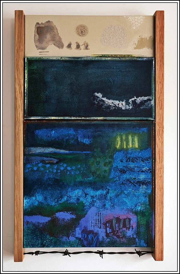 Contemporary mixed media abstract artwork Cannot Be Contained by Australian artist Shane Garton explores Mother Trees, mycelium networks and nature beyond human boundaries with timber frame and barbed wire.