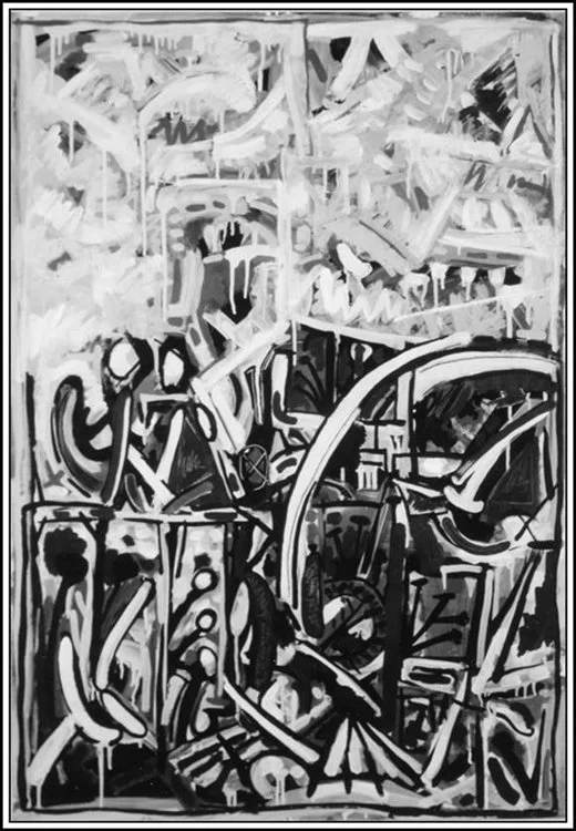 Abstract black and white painting with various geometric shapes and lines.