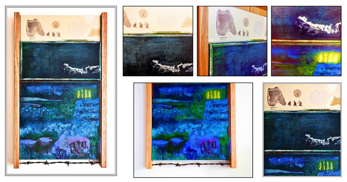 Collection of views from Cannot Be Contained showcasing mixed media abstract artwork, layered textures, symbolic barbed wire, timber framing and expressive details inspired by nature and mycelium networks.