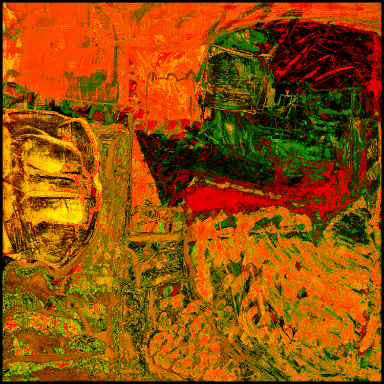 Modul 70_51 mixed media abstract artwork featuring intense orange, red and green, layered textures, gestural marks and energetic movement, inspired by music and intuitive mark making.