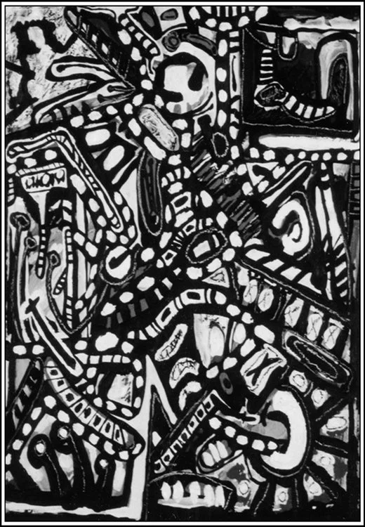 Black and white abstract artwork featuring intricate, overlapping patterns, shapes, and lines, with some recognizable elements like a wheel and text.