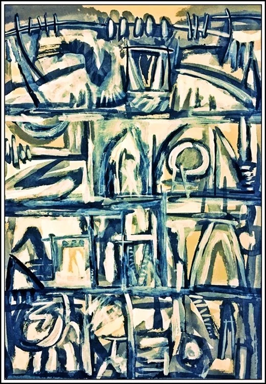 Abstract painting with blue, green, and beige brushstrokes depicting architectural structures and geometric forms.
