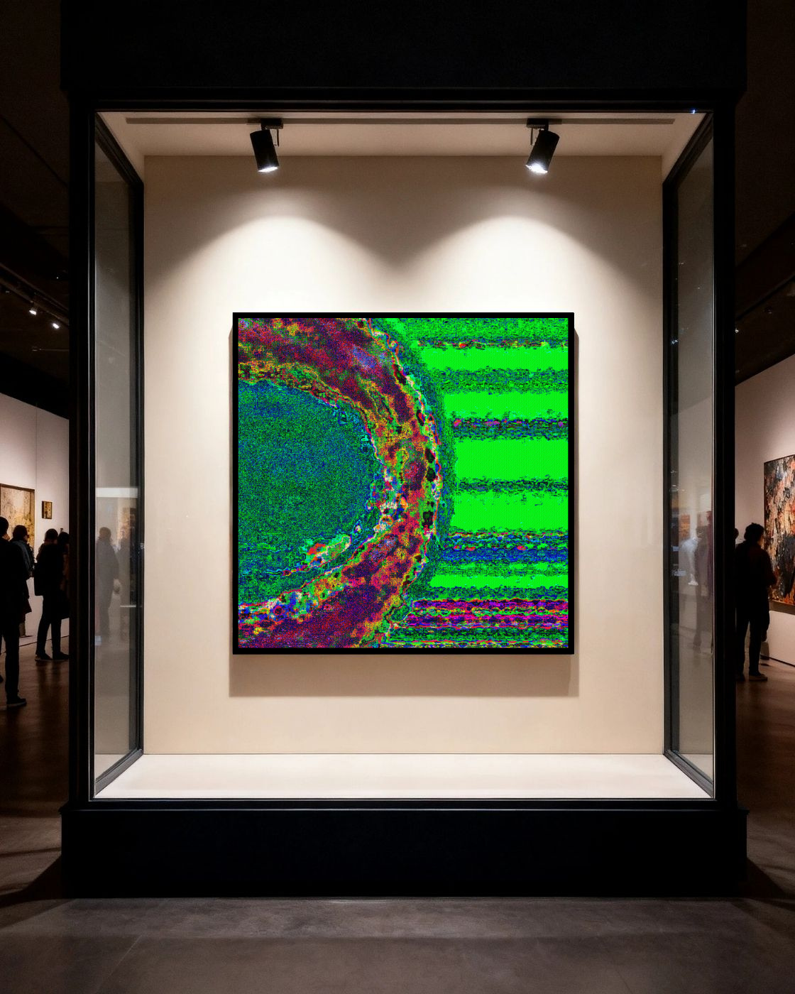 Artwork piece with vibrant green colors, depicting a half circular shape on the left and striped patterns on the right, displayed in an art gallery.