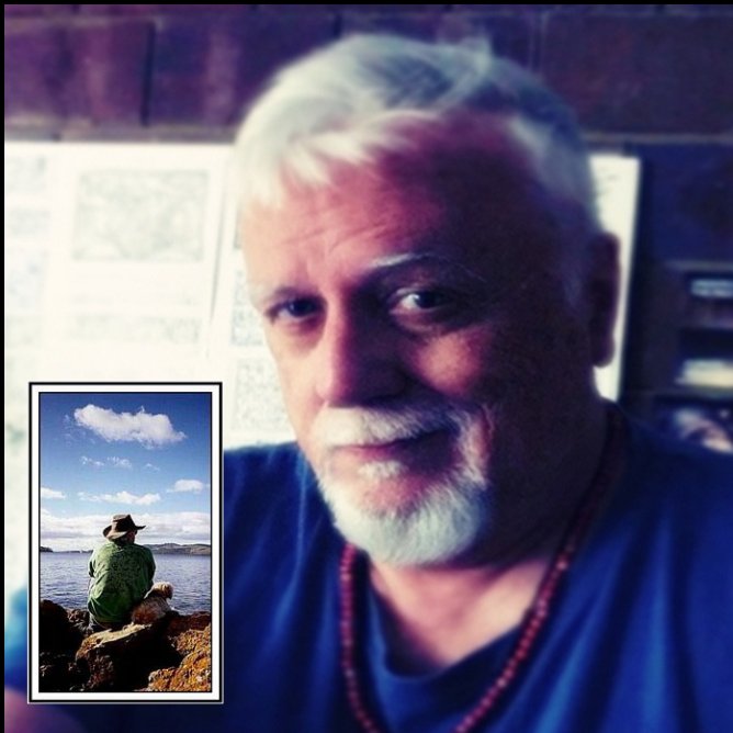 Portrait of Australian artist Shane Garton, in his studio wearing a blue shirt and beaded necklace. Inset photograph shows him with his dog beside the Derwent River beneath a wide blue sky, a single lonely cloud above the distant Tasmanian landscape.