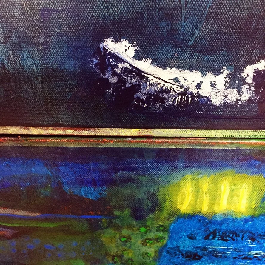 Detail from Cannot Be Contained featuring dark abstract surface, organic white form and subtle textures suggesting flowing water, forest rhythms and interconnected life within contemporary mixed media art.