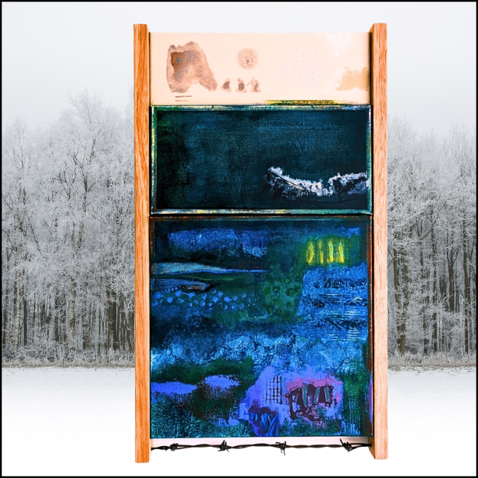 Cannot Be Contained presented against misty forest, highlighting contemporary abstract expressionism inspired by Mother Trees, mycorrhizal networks and enduring resilience of natural ecosystems.