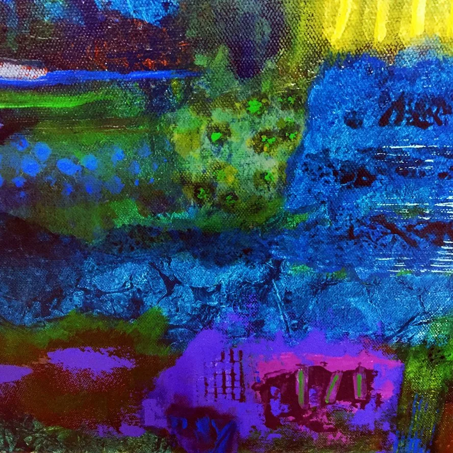 Rich blue, green and violet mixed media abstract artwork with textured surfaces and expressive marks inspired by forest ecology, underground fungal networks and intuitive contemporary Australian painting.