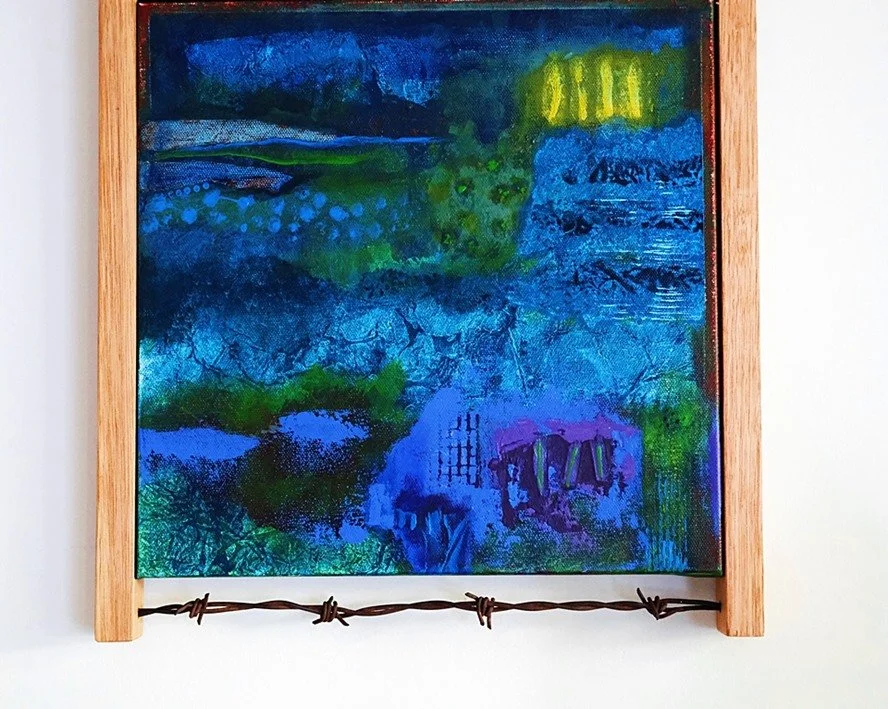Close view of vibrant blue and green abstract painting with layered textures and luminous colour reflecting living landscapes, mycelium networks and interconnected ecosystems in contemporary Australian abstract art.