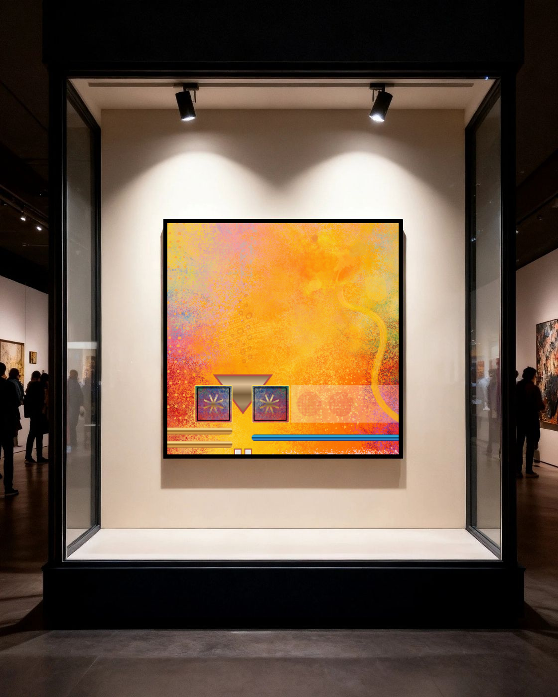 Abstract colorful artwork with warm tones, geometric shapes, and light effects displayed in an art gallery.