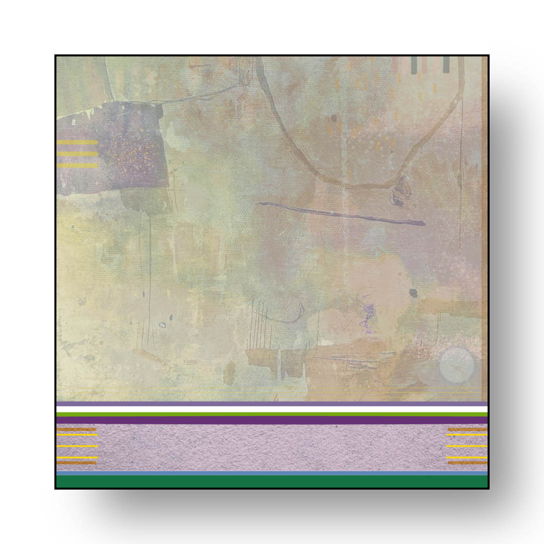 Abstract artwork with pastel shades, horizontal lines in yellow, purple, and green near the bottom, textured purple band, and faint lines and shapes creating a soft layered background.