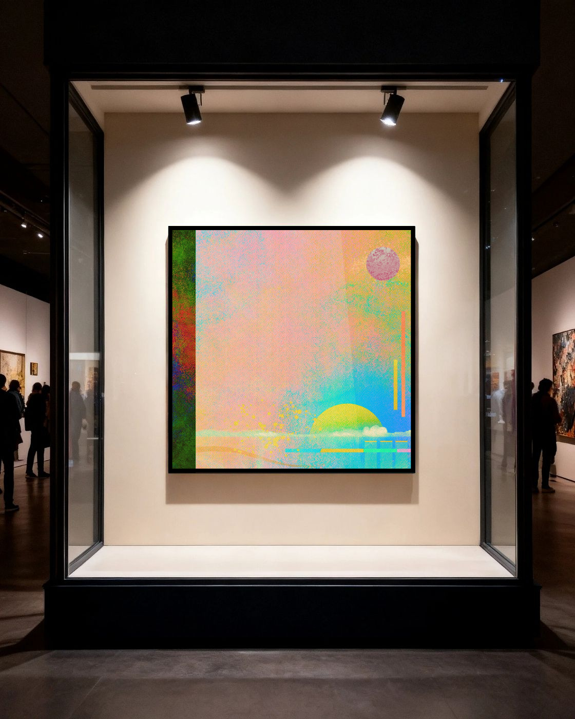 Artwork "Piet The Minimalist Dropped Into The Bauhaus", featured behind glass displayed in a gallery setting with above lighting.