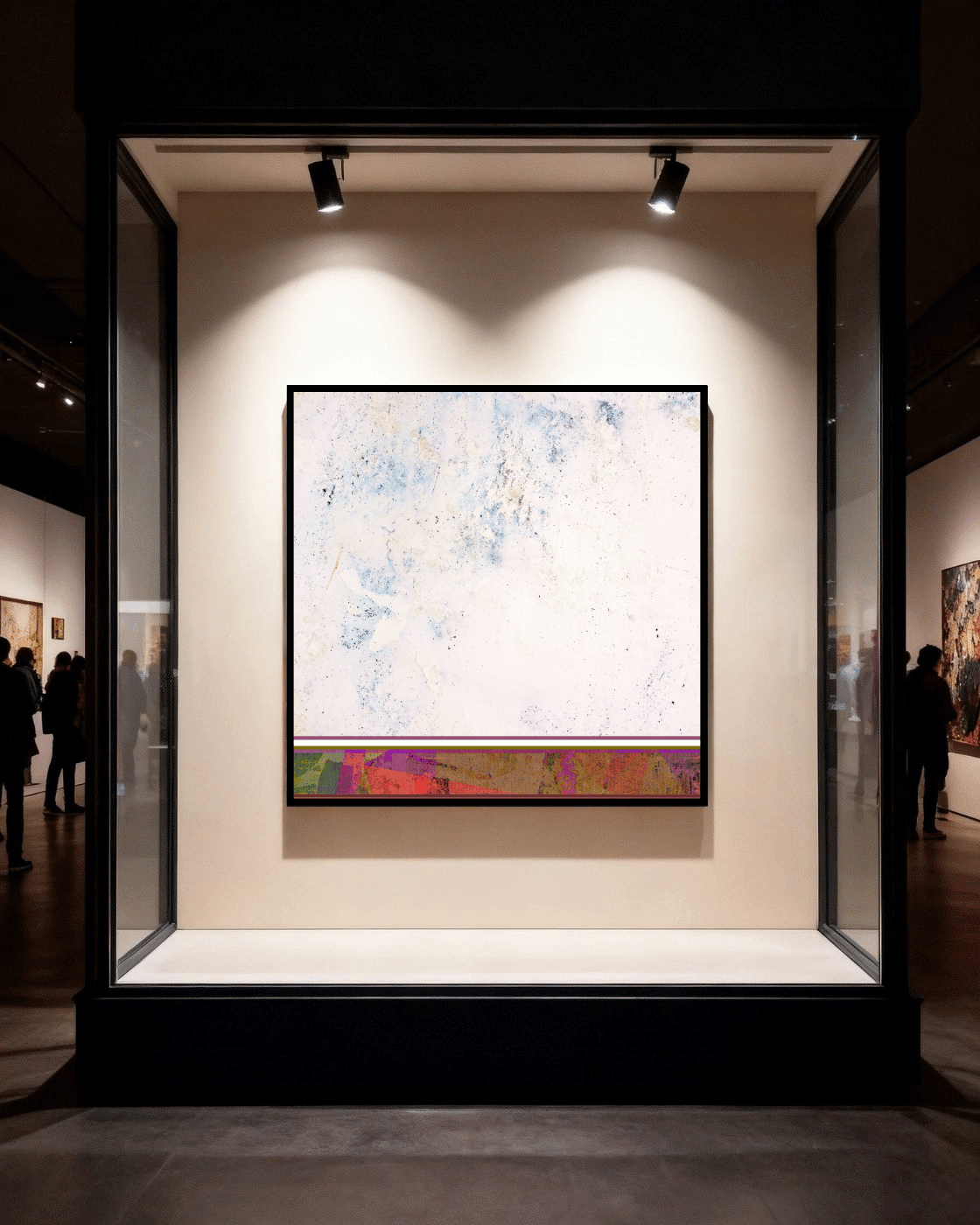 Abstract contemporary art piece displayed in a glass showcase with spotlighting at an art gallery.