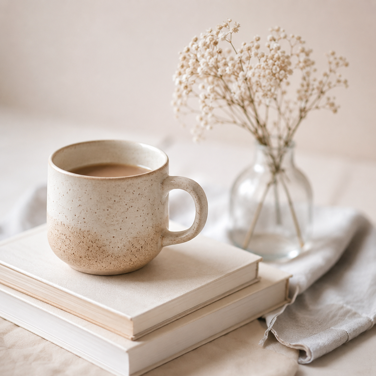 A speckled beige ceramic mug filled with coffee on top of two white books. Behind the mug, there is a clear glass vase with white baby's breath flowers, on a folded cloth, in soft natural lighting.