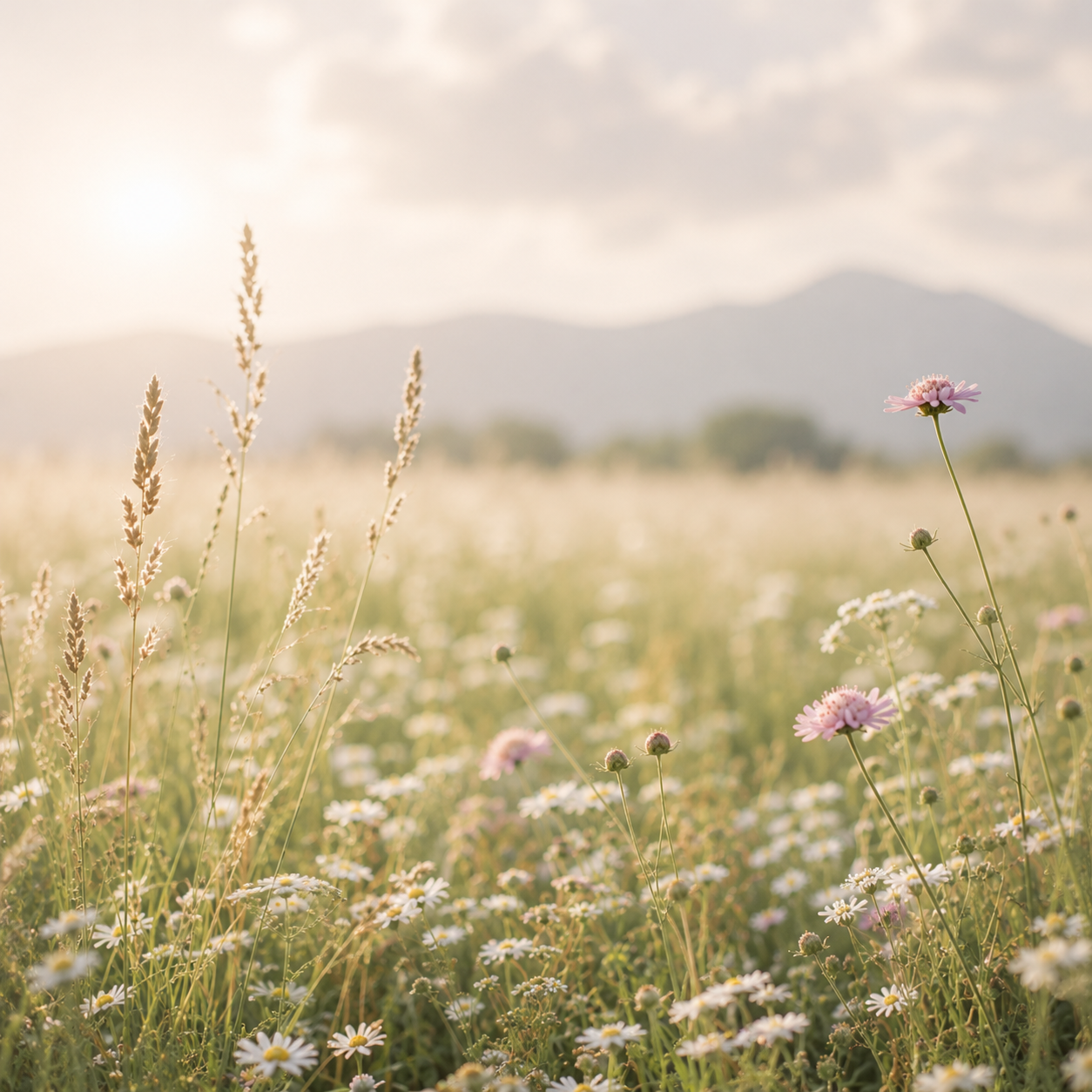 A field of wildflowers with pink daisies and white daisies, with mountains in the background and a bright, sunny sky.