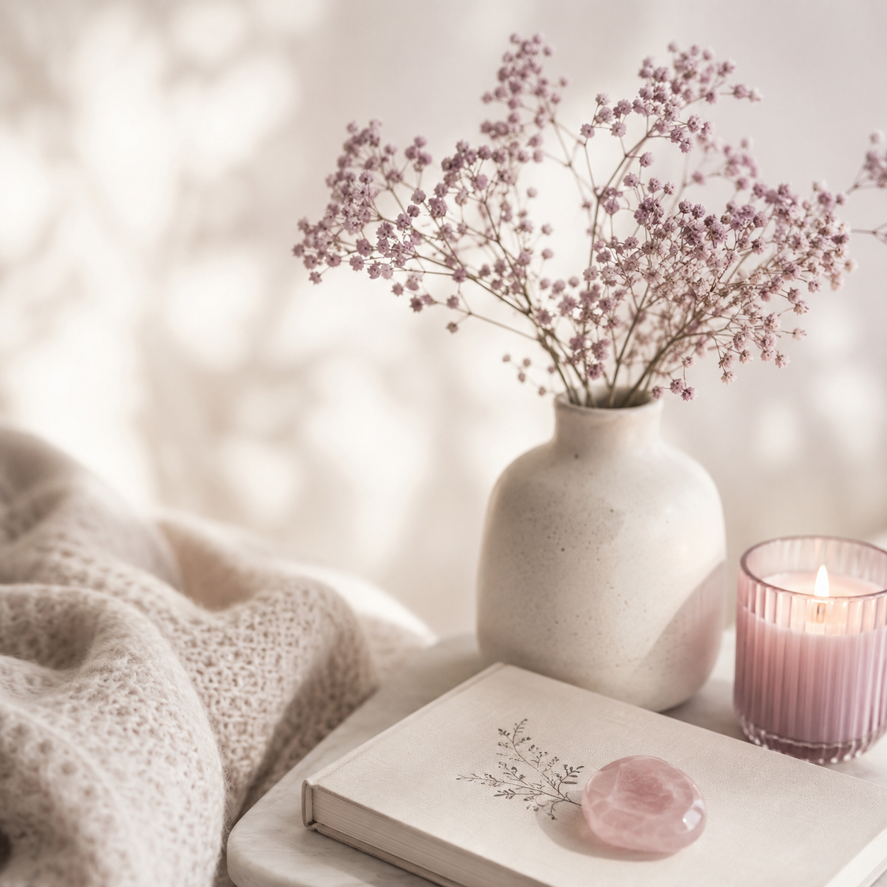 Cozy still life with dried flowers, a candle, and a journal, set beside the Individual Therapy section.