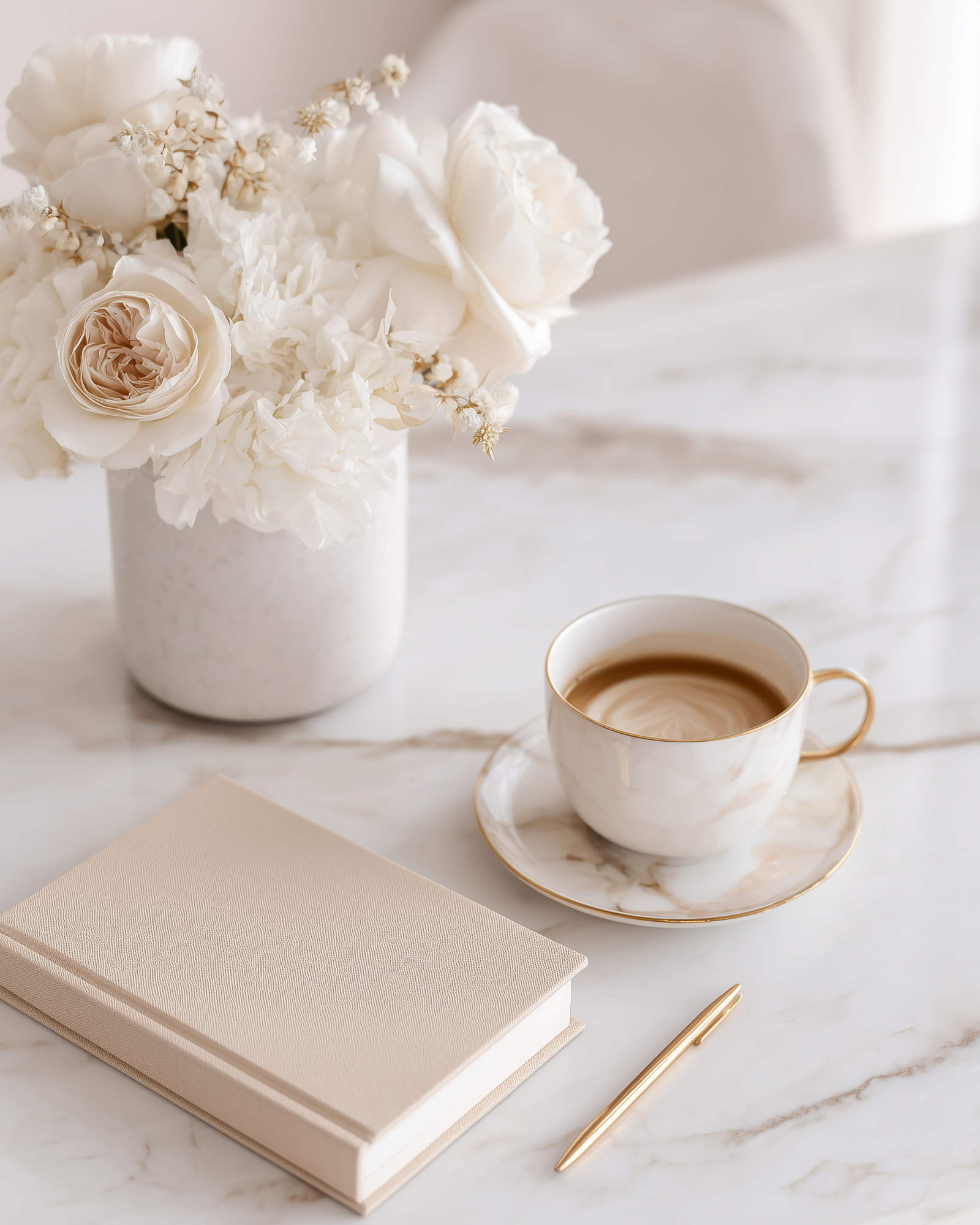A beige textured notebook, gold pen, white marble coffee cup with coffee, white marble saucer, and a white vase with white roses and dried flowers on a white marble surface.
