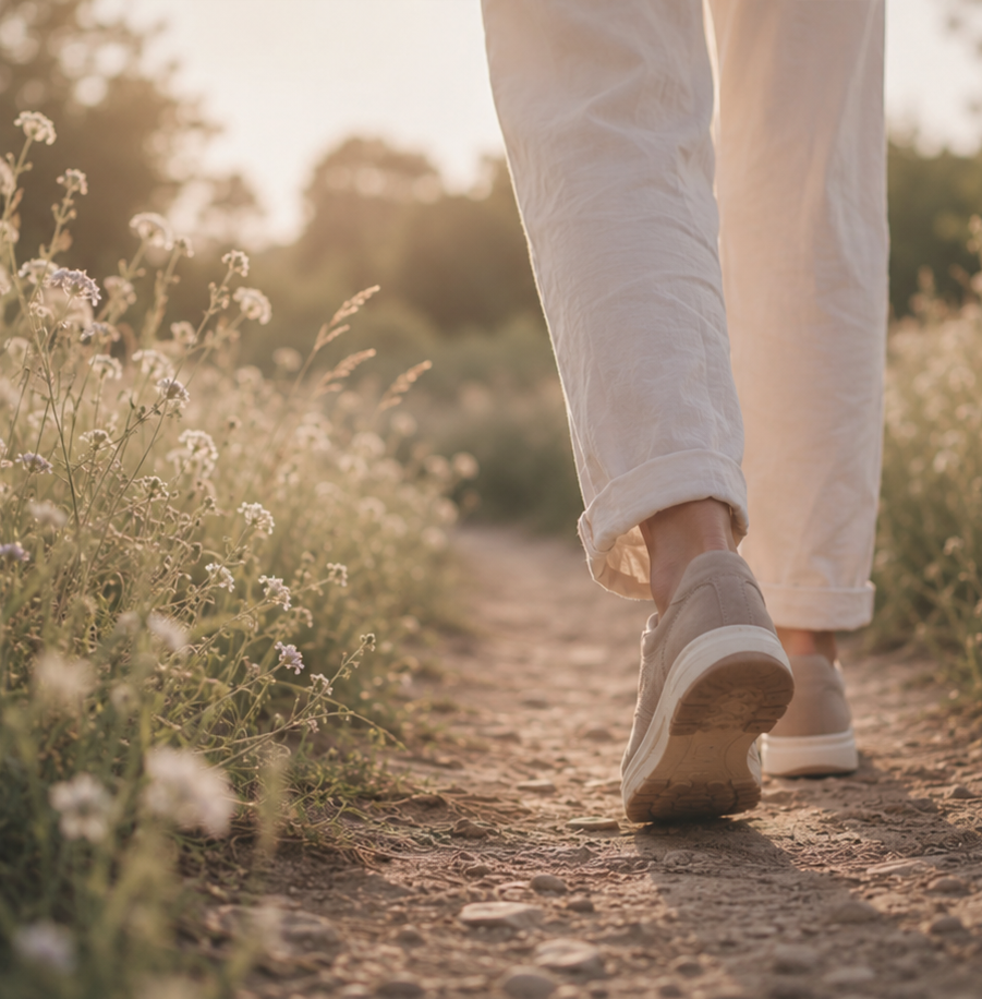 Person walking a wildflower path at sunset, representing Walk, Talk & Integrate™ sessions.