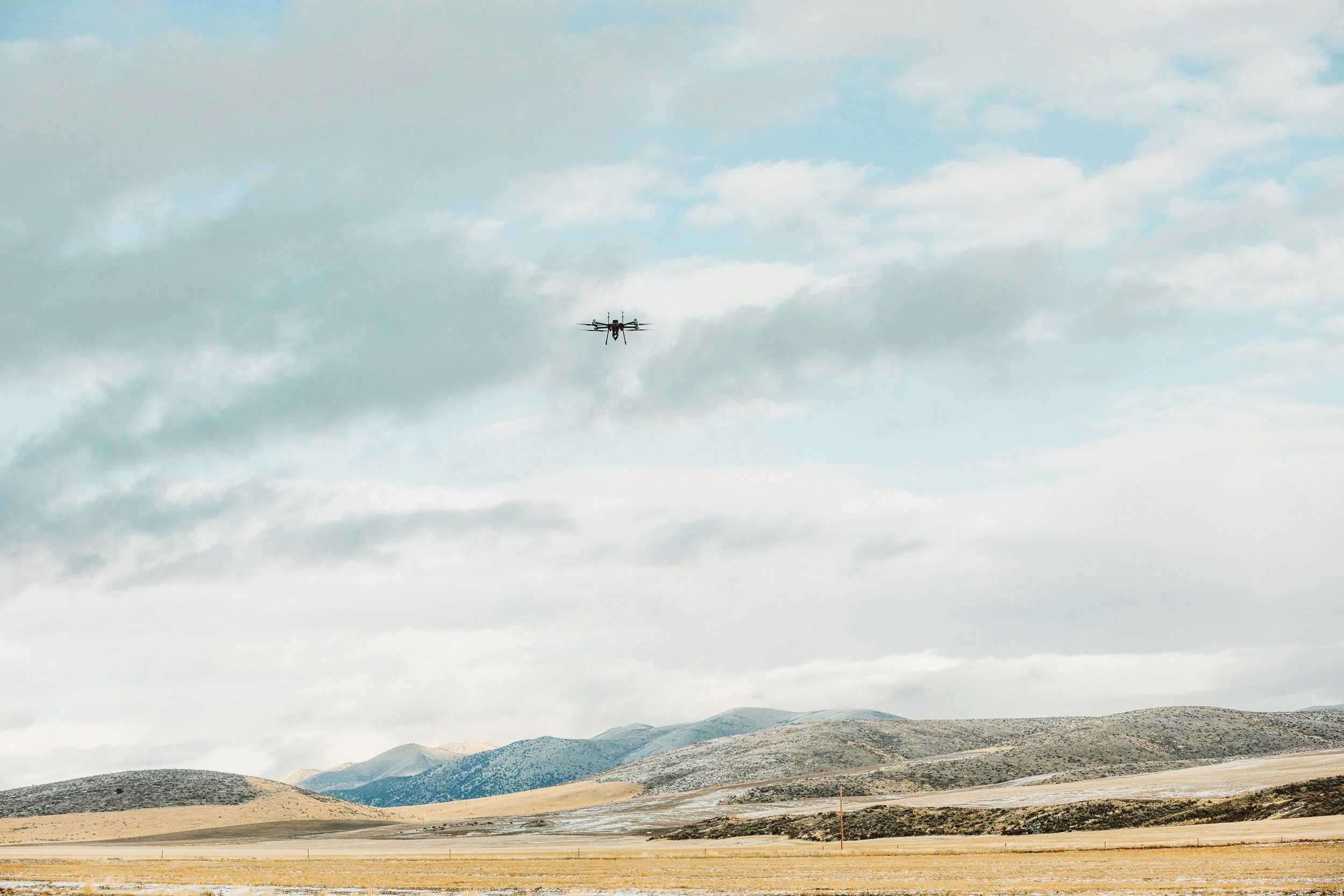 Rainmaker drone ascending into the clouds over an Idaho field.
PC: Nicholas Abegg-Guzman