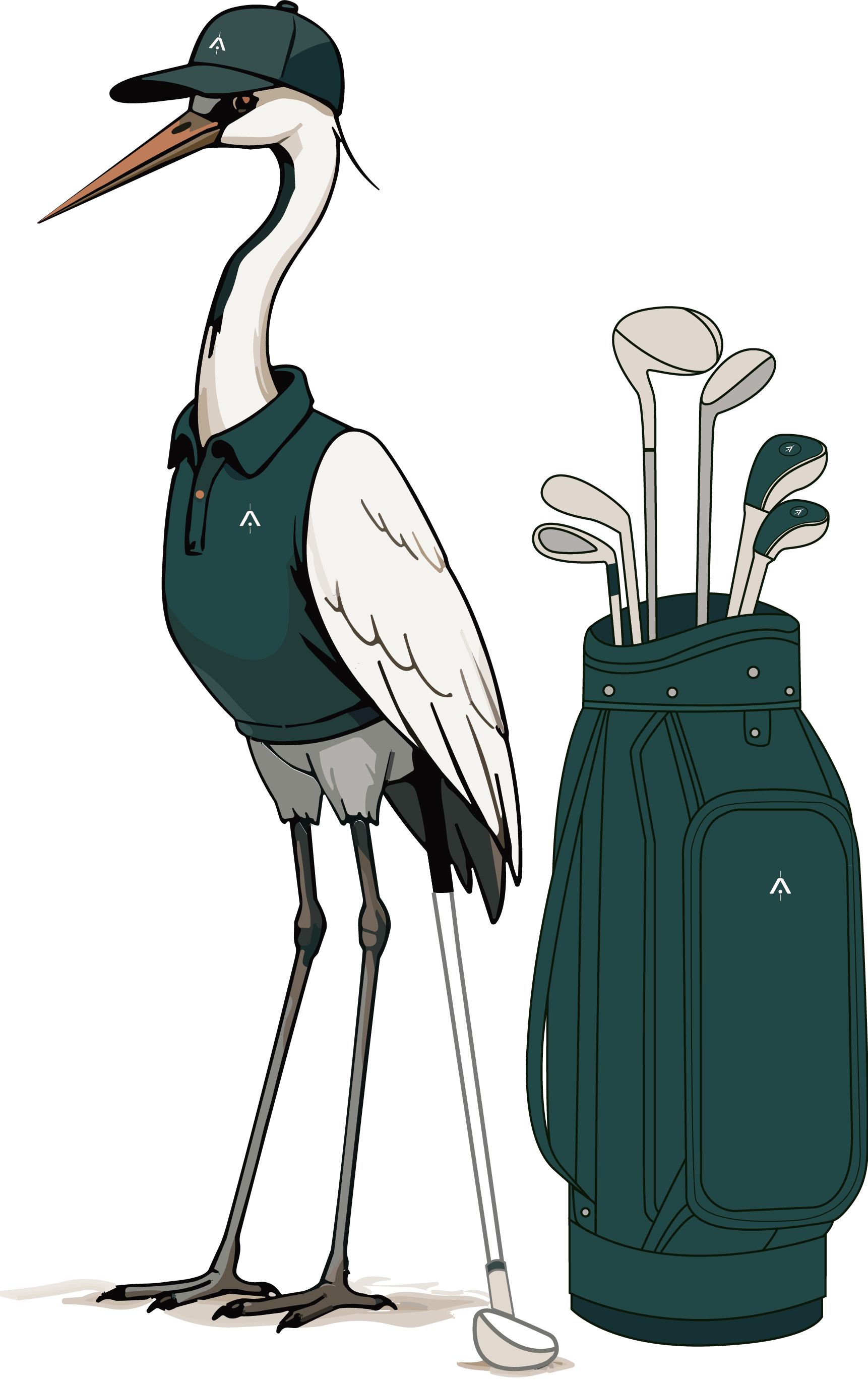 Align Golf Studio crane mascot standing beside a golf bag, representing the brand's premium indoor golf studio and coaching experience.