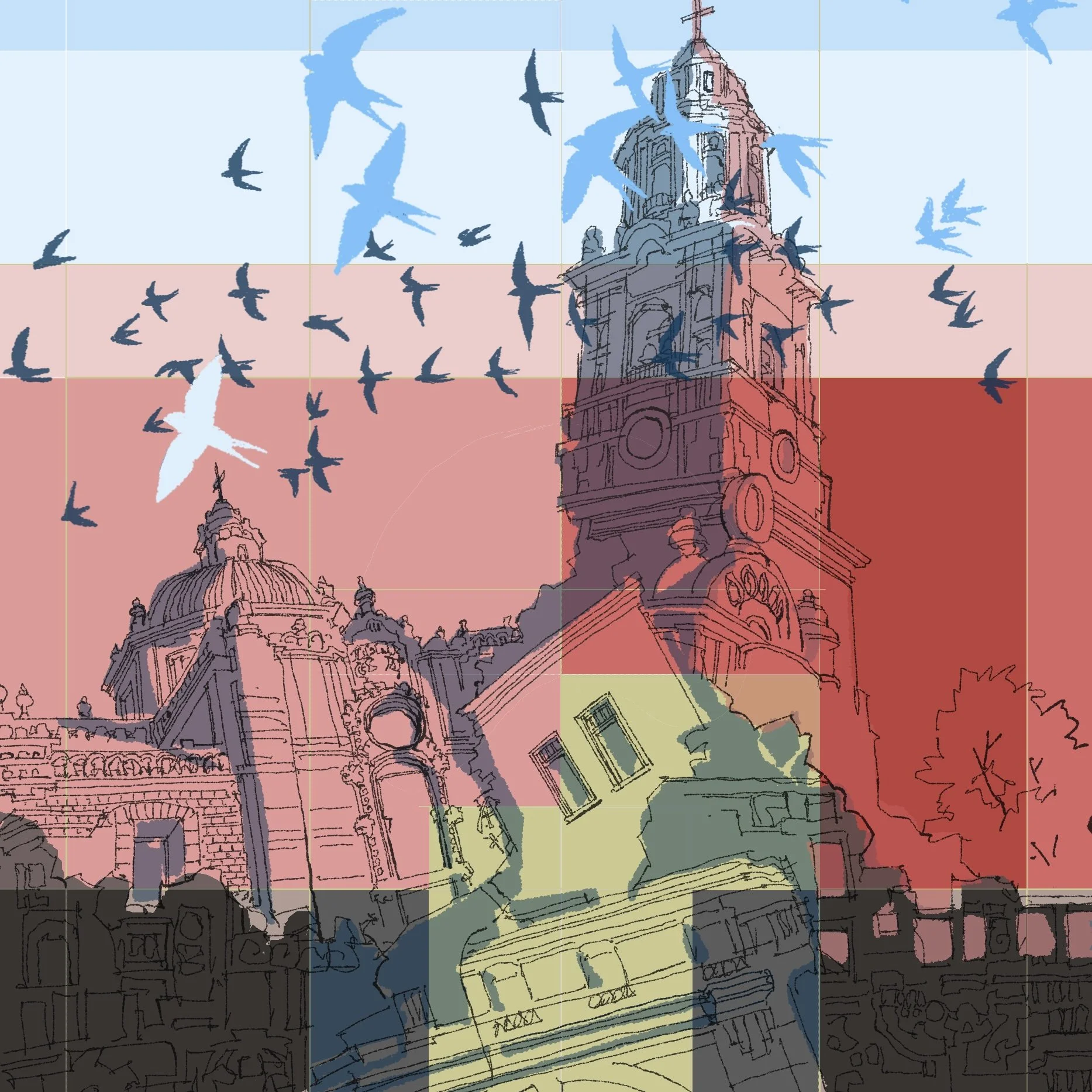 Golondrinas: Swallows wheeling over a Mexican baroque church tower and pre-hispanic temple - digital illustration by Vincent Guerrera