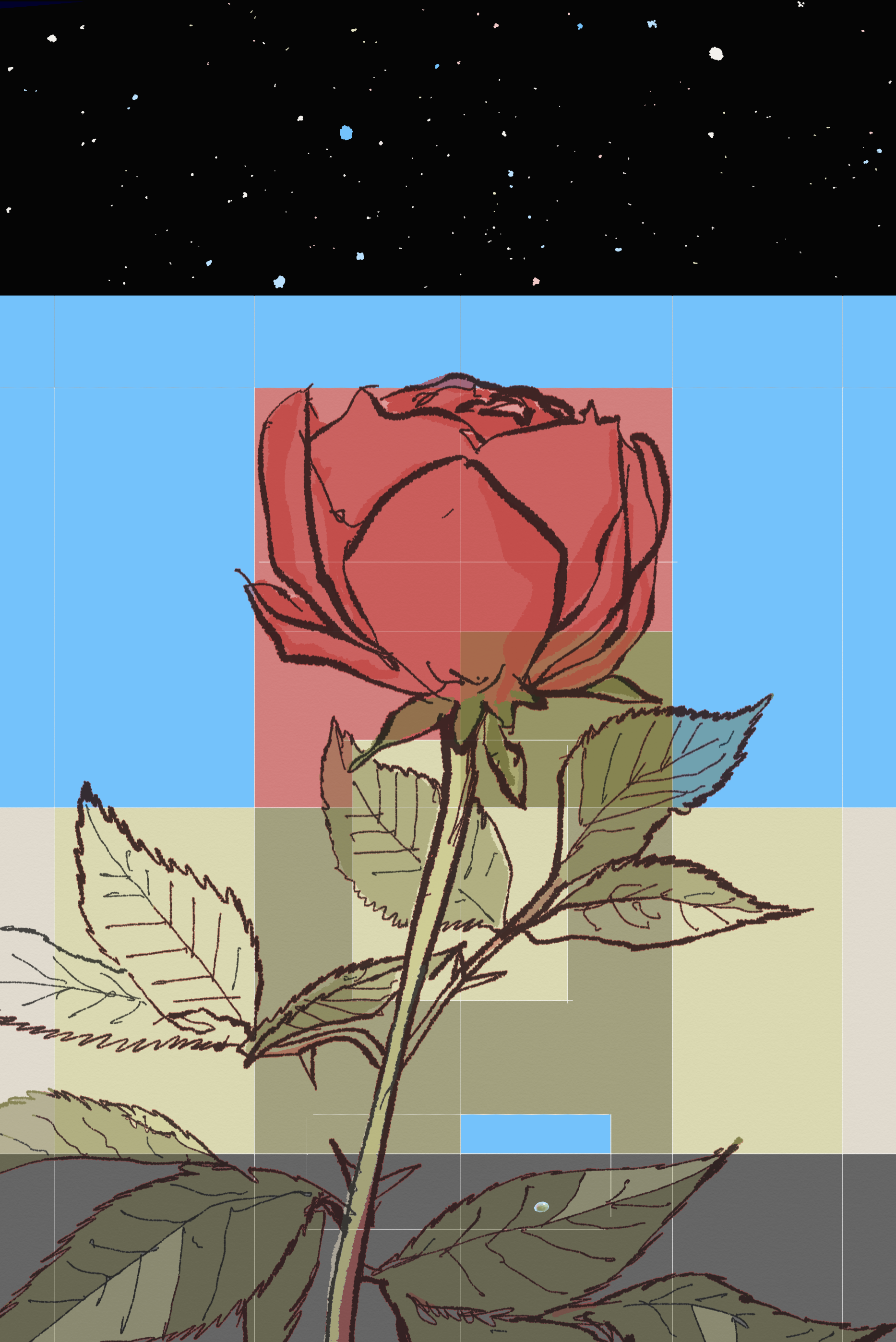 Una Gota de Agua: A red rose juxtaposed with the infinity of a night sky and an abstract representation of the passing day - digital illustration by Vincent Guerrera