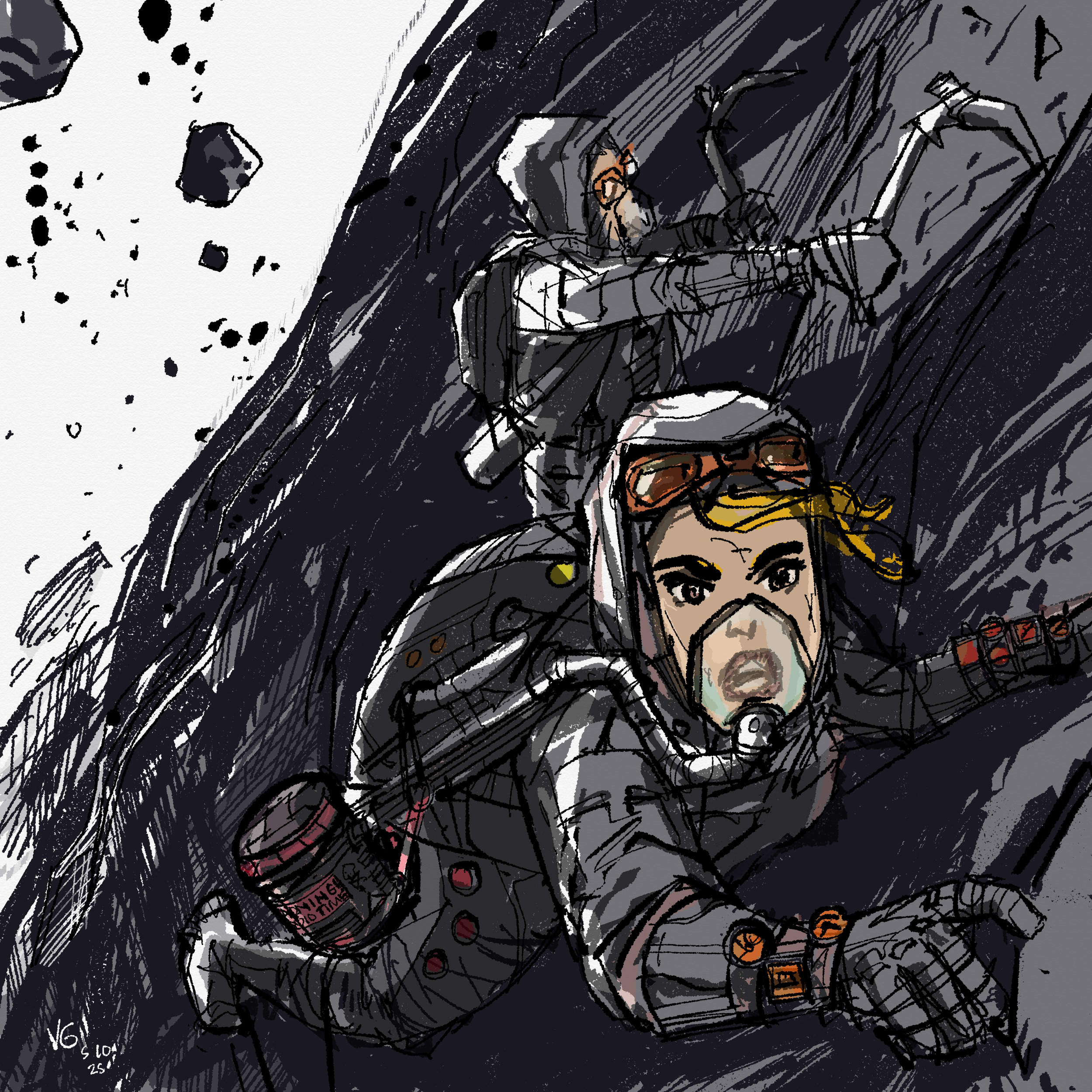 Time Rift Explorers: Two figures in pressure suits climbing a dark rock face - digital comic single panel by doctor vince