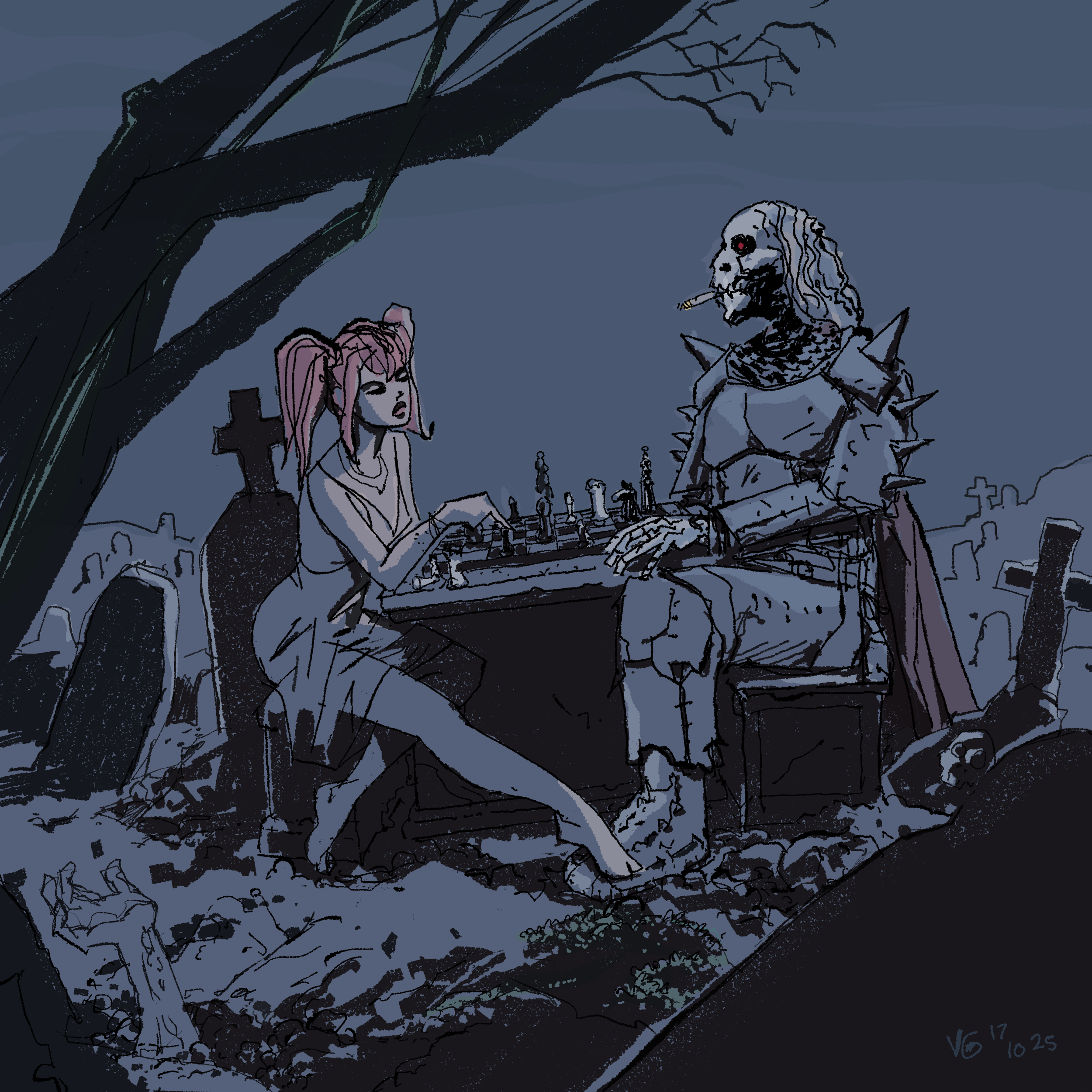 Graveyard Duel: A young woman plays chess with an armored skeletal warrior among gravestones - digital comic single panel by doctor vince