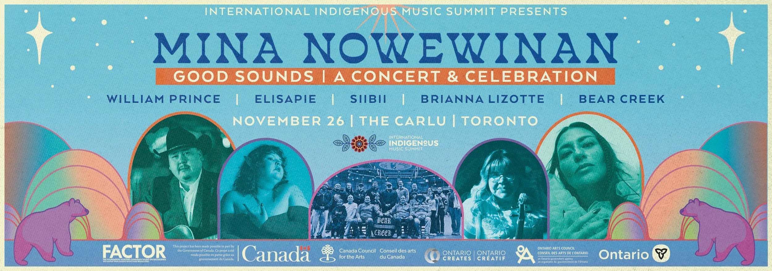A long landscape graphic for Mina Nowewinan featuring photos of the performing artists and an illustrated design by Morningstar Designs of two bears by a river with stars above. The colours are pastels - blue, orange, pink & purple.