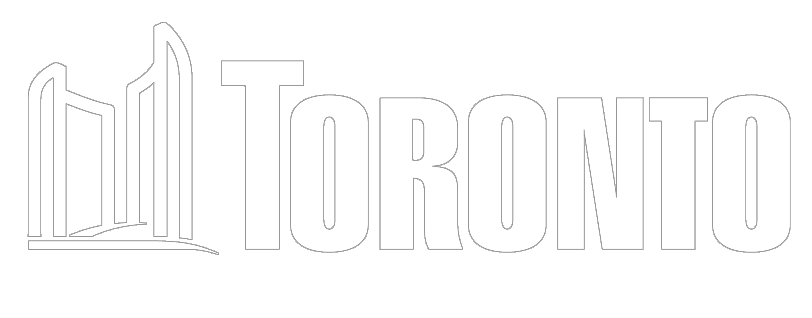 Logo for the City of Toronto. White logo featuring a line illustration of Toronto City Hall beside the city name.