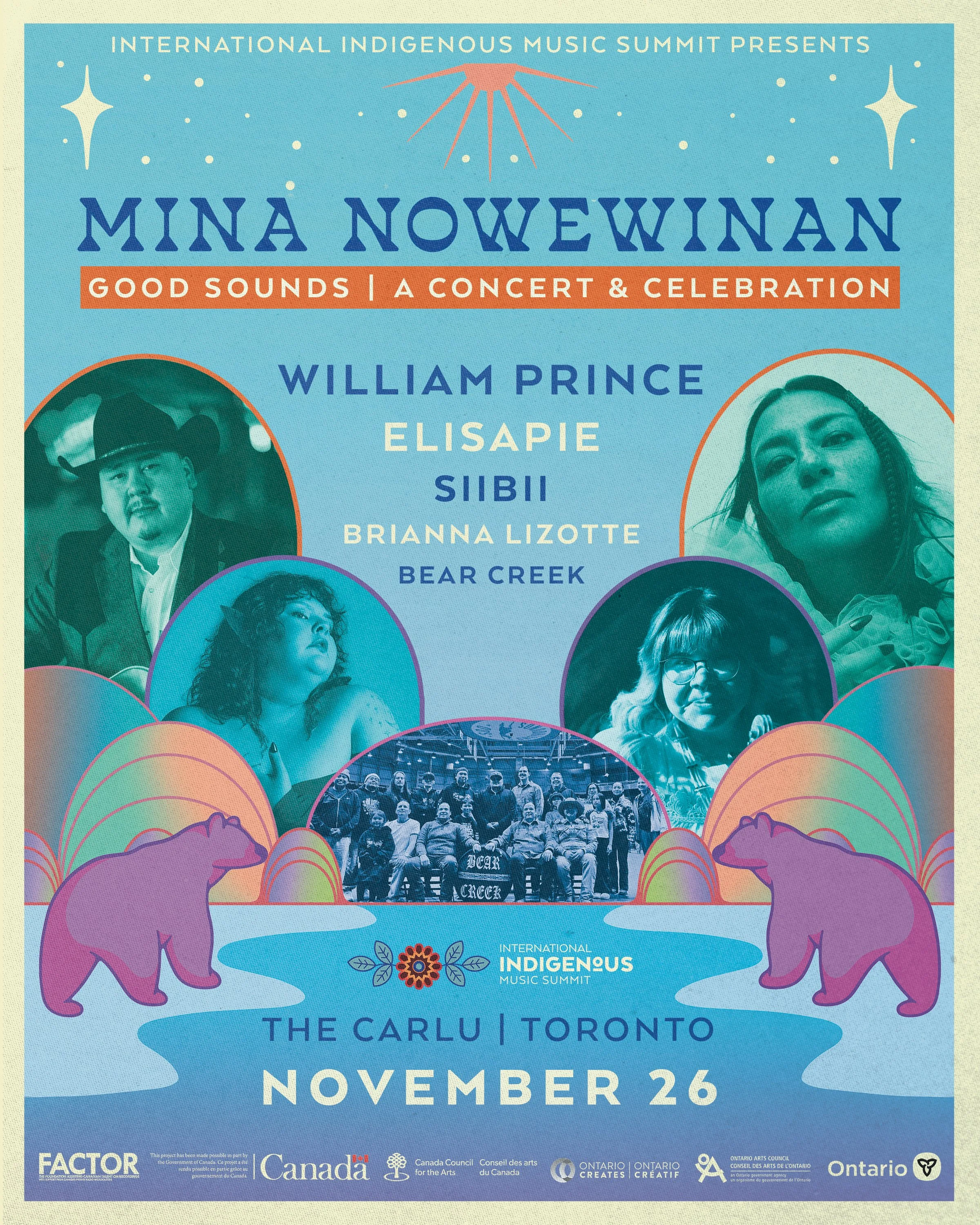 An event poster for Mina Nowewinan featuring photos of the performing artists and an illustrated design by Morningstar Designs of two bears by a river with stars above. The colours are pastels - blue, orange, pink & purple.