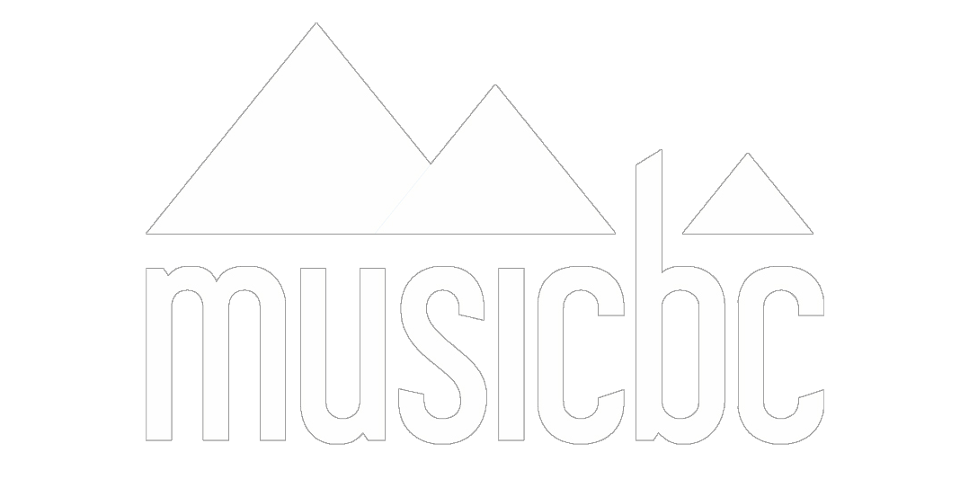 Logo for arts organization Music BC. The white logo features three mountain peaks.