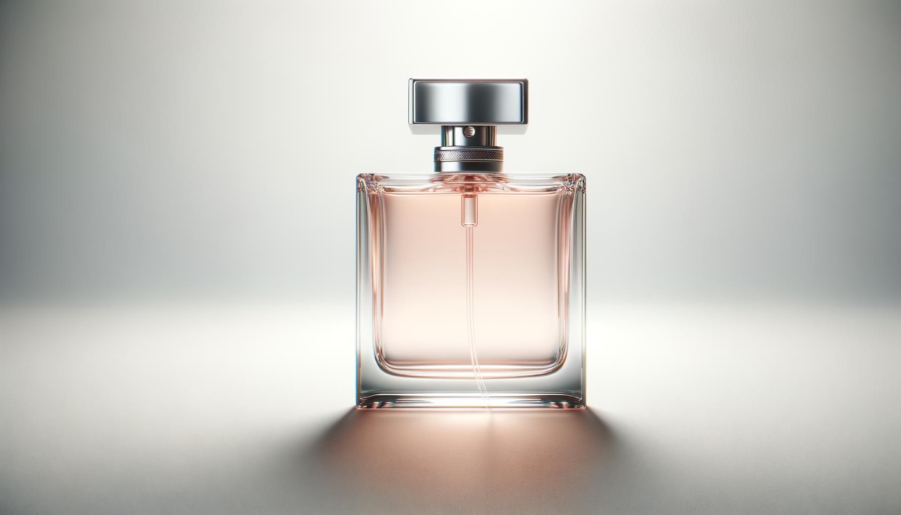 A glass perfume bottle with a rectangular shape and a chrome cap, filled with pink perfume, placed on a soft gradient background.