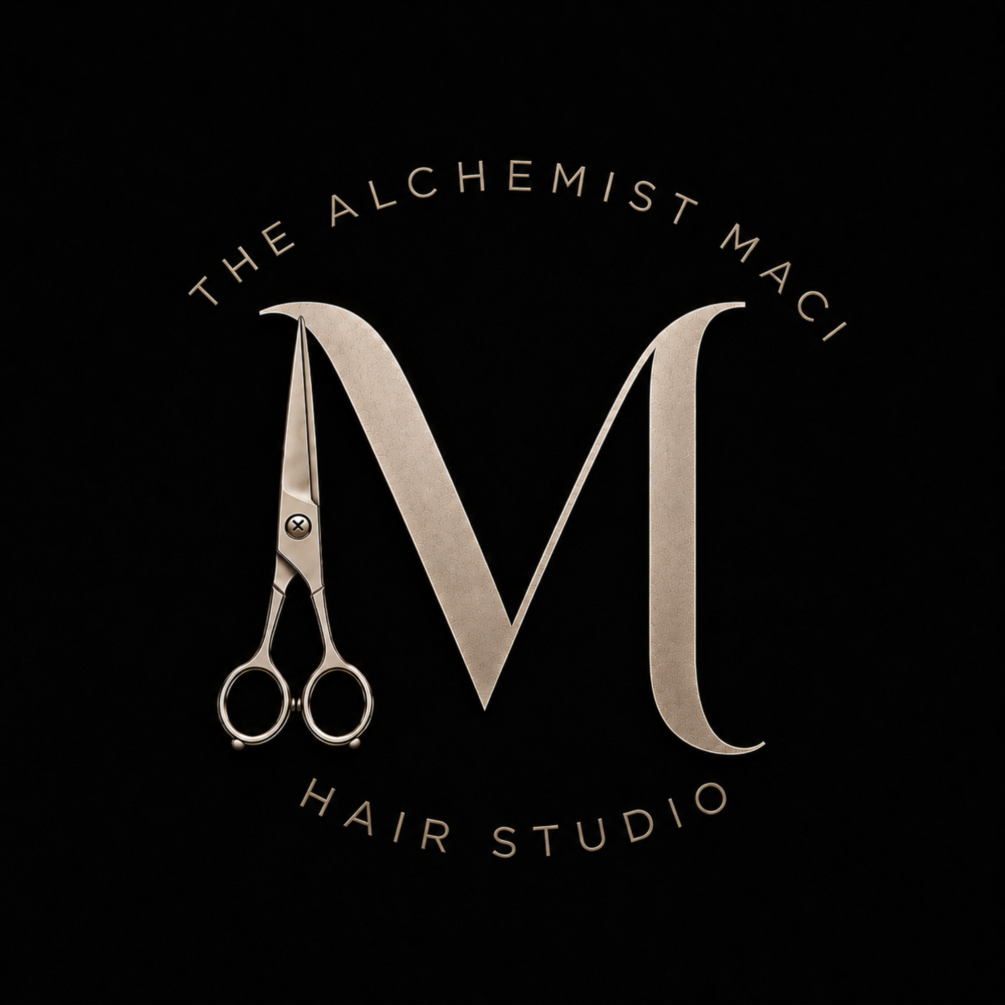Close-up of a logo with a hairdresser's scissors crossing a high heel shoe, surrounded by text that reads 'The Alchemist Makeup Hair Studio' on a black background.