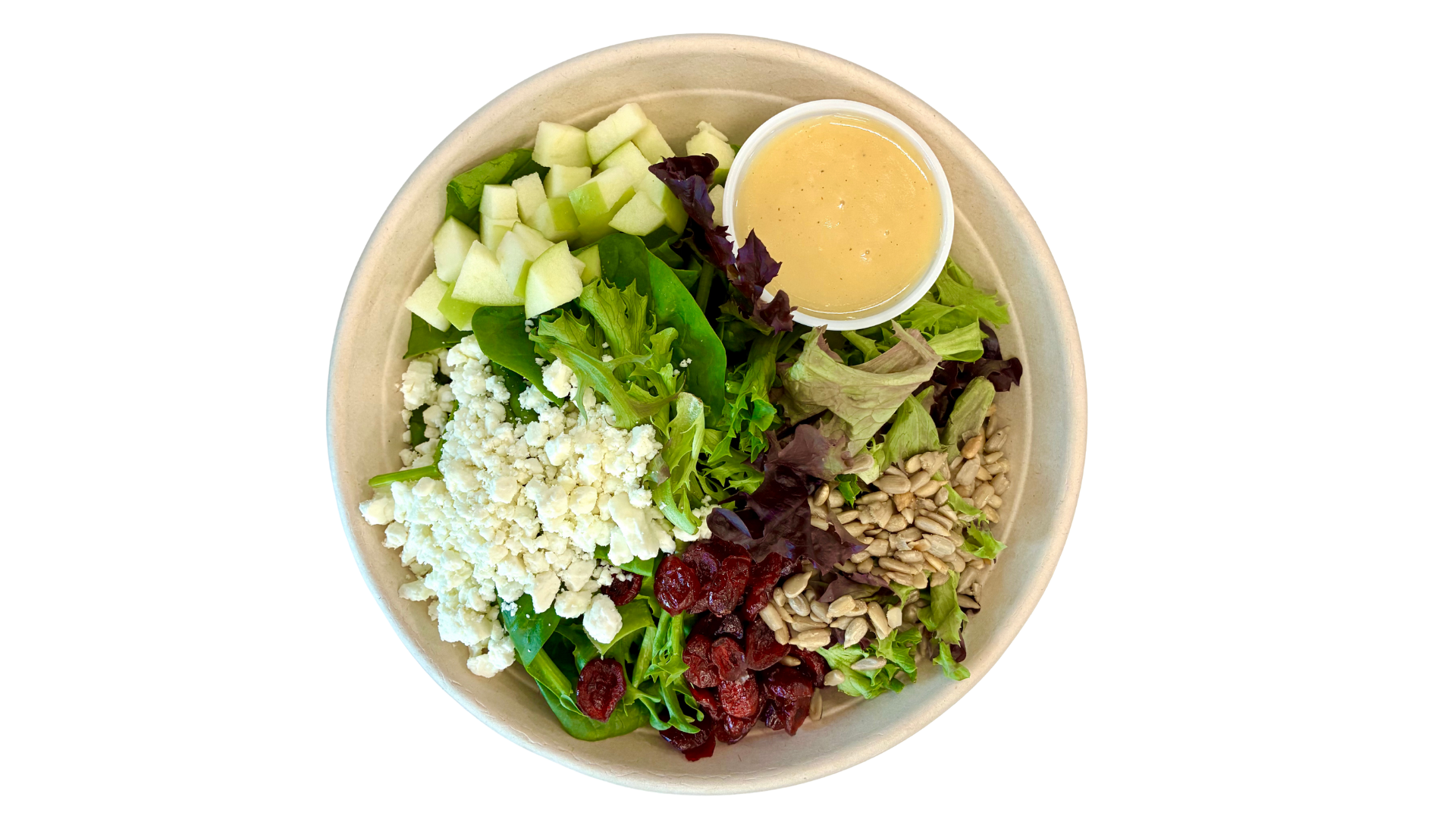 A bowl of mixed greens, crumbled feta cheese, chopped honeydew melon, sunflower seeds, dried cranberries, and leafy salad greens, with a small cup of salad dressing on top.