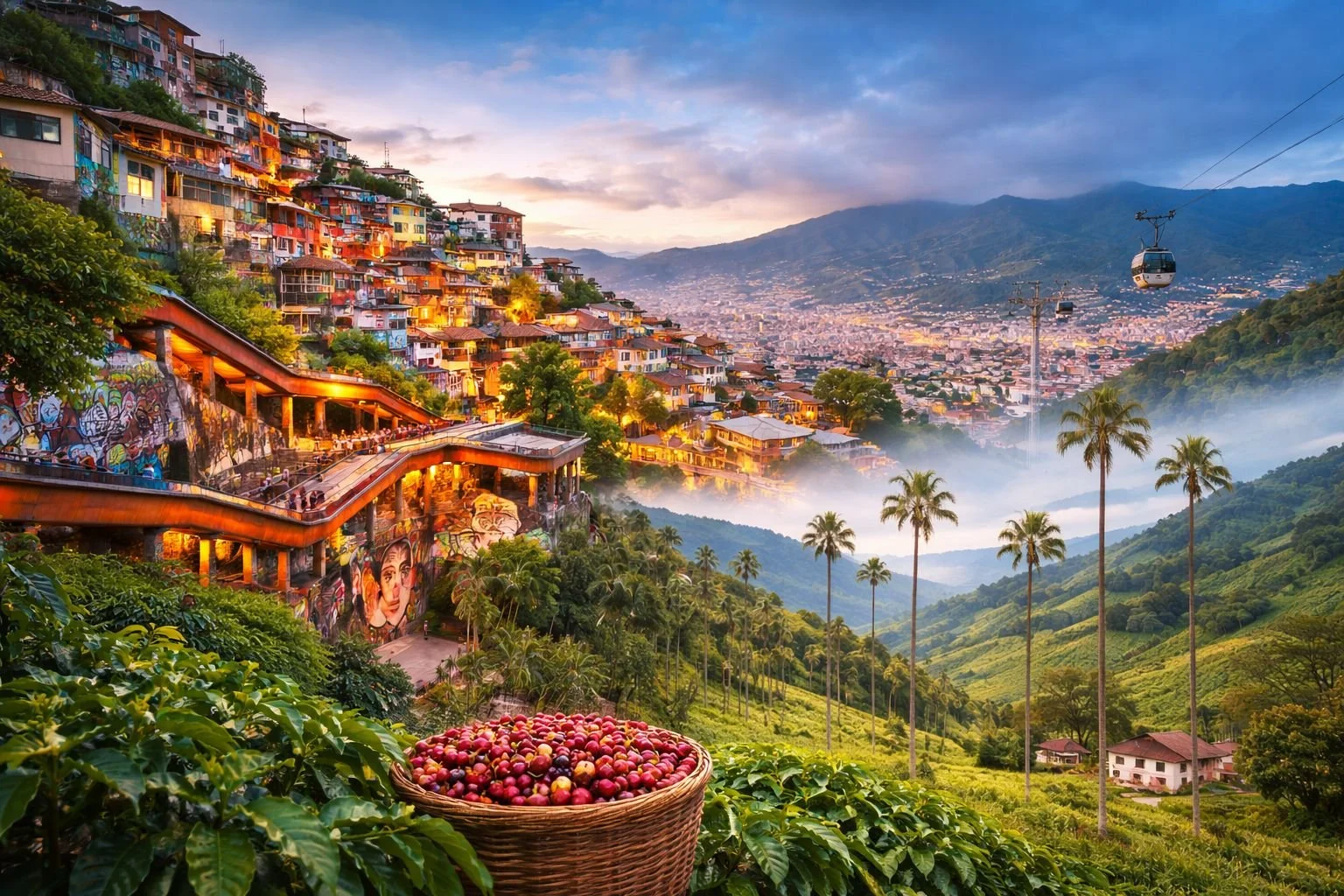 Hilly neighborhood with colorful houses on a hillside, a mural of a woman's face painted on a wall, a basket of coffee cherries in the foreground, lush green plants, tall palm trees, and two cable cars flying over the landscape during sunset.