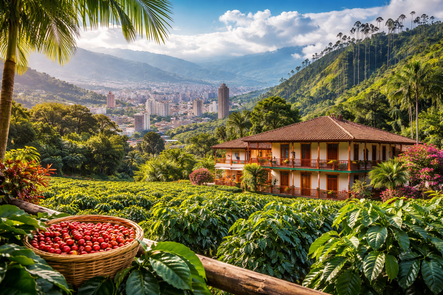 A lush green coffee plantation with a basket of ripe coffee cherries in the foreground, a traditional house with a red-tiled roof in the middle ground, and a cityscape with tall buildings set against mountains and a partly cloudy sky in the background.