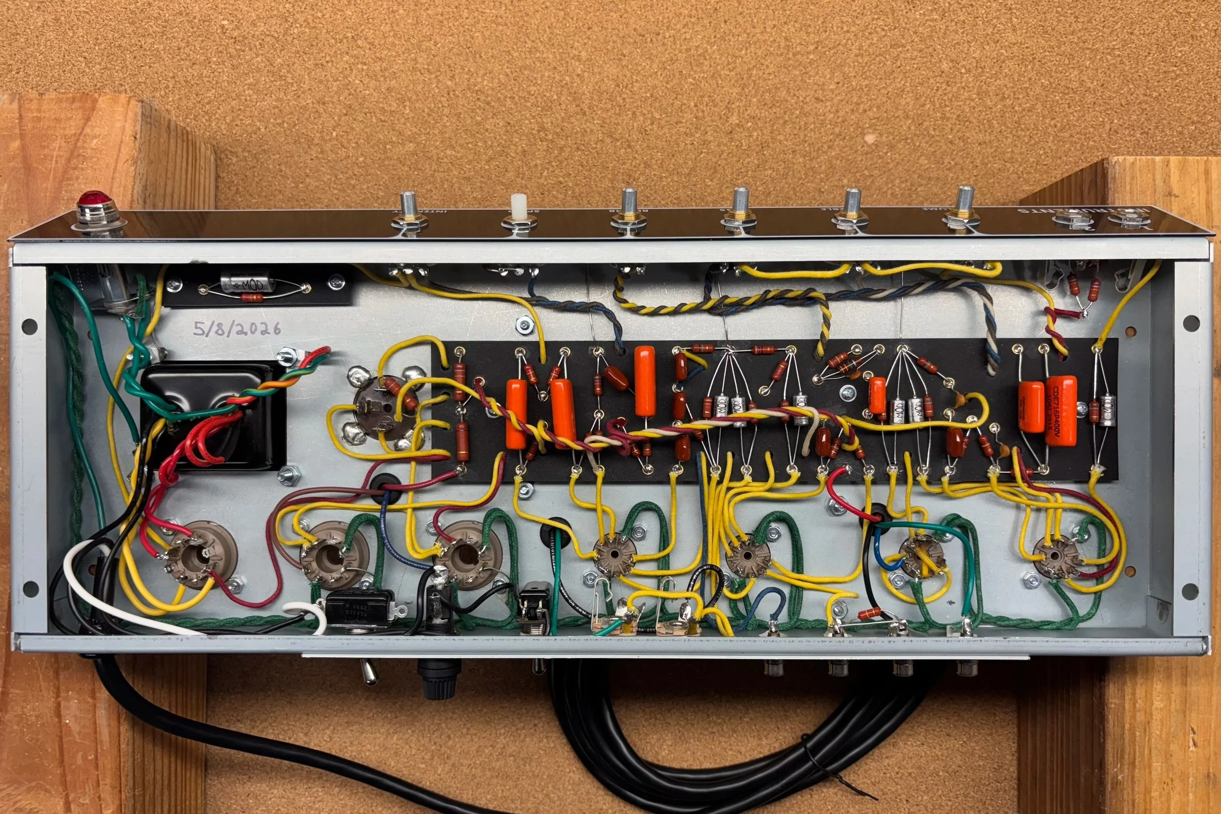 Hand-wired point-to-point eyelet board hand-built boutique replica AA1164 tube guitar amplifier chassis built by Bellingham Amplification.