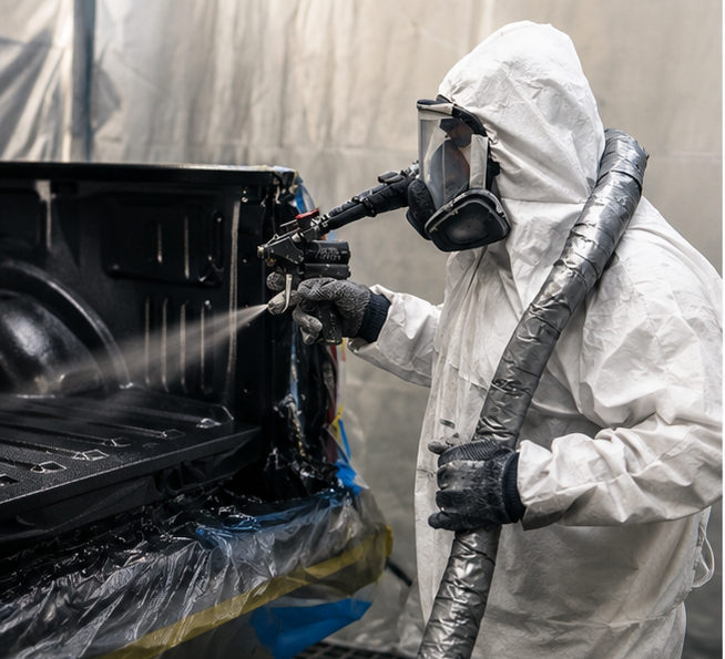 Person in full protective gear using a spray gun to paint or coat a black appliance, standing inside a booth or enclosed workspace.