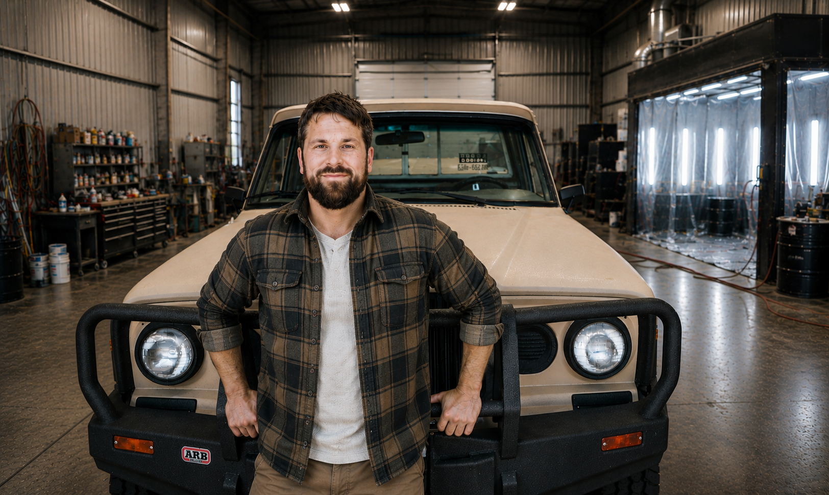 A man with a beard standing in front of a beige off-road vehicle inside a workshop, with shelves and tools visible in the background.