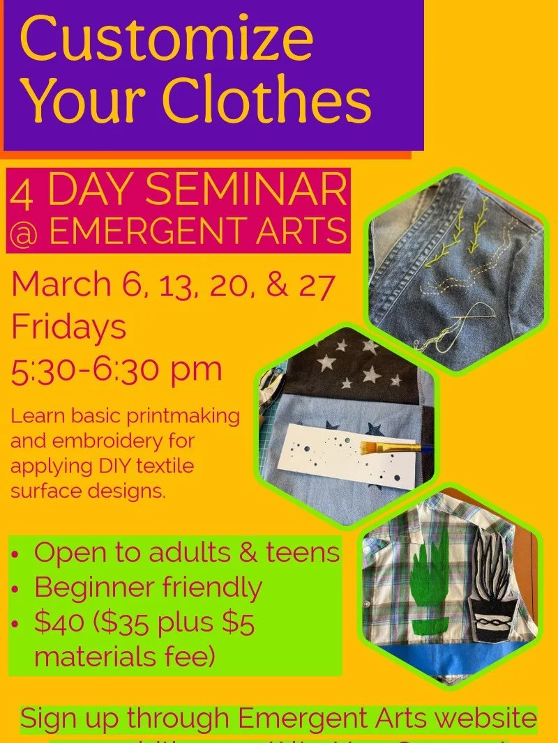DIY with me @emergent_arts ! Bring in a shirt or bag (cotton or cotton blend fabrics) and make it one-of-a-kind and all by YOU! 🎨 🧵
👉 $40 for all 4 sessions and materials will be provided - besides what you bring in to work on. #artistseminars #sp