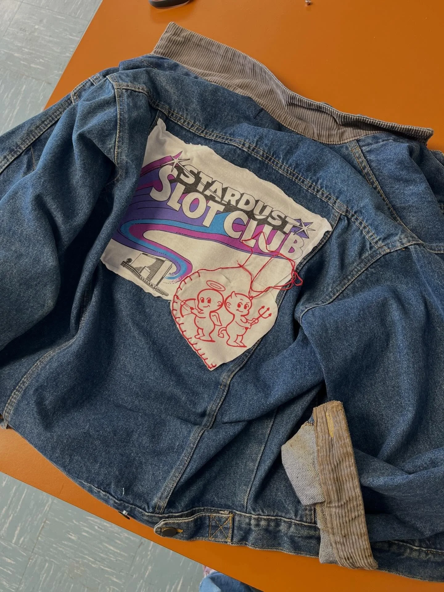 Added back patches to this vintage denim jacket. It has some patina from previous wear but that adds to its charm. Also, inside pockets!! Iykyk. 
I&rsquo;m going to add a small embroidered patch on the front that says &ldquo;born lucky, unlucky in lo