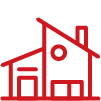 Red outline of a house with a garage, front porch, and trees