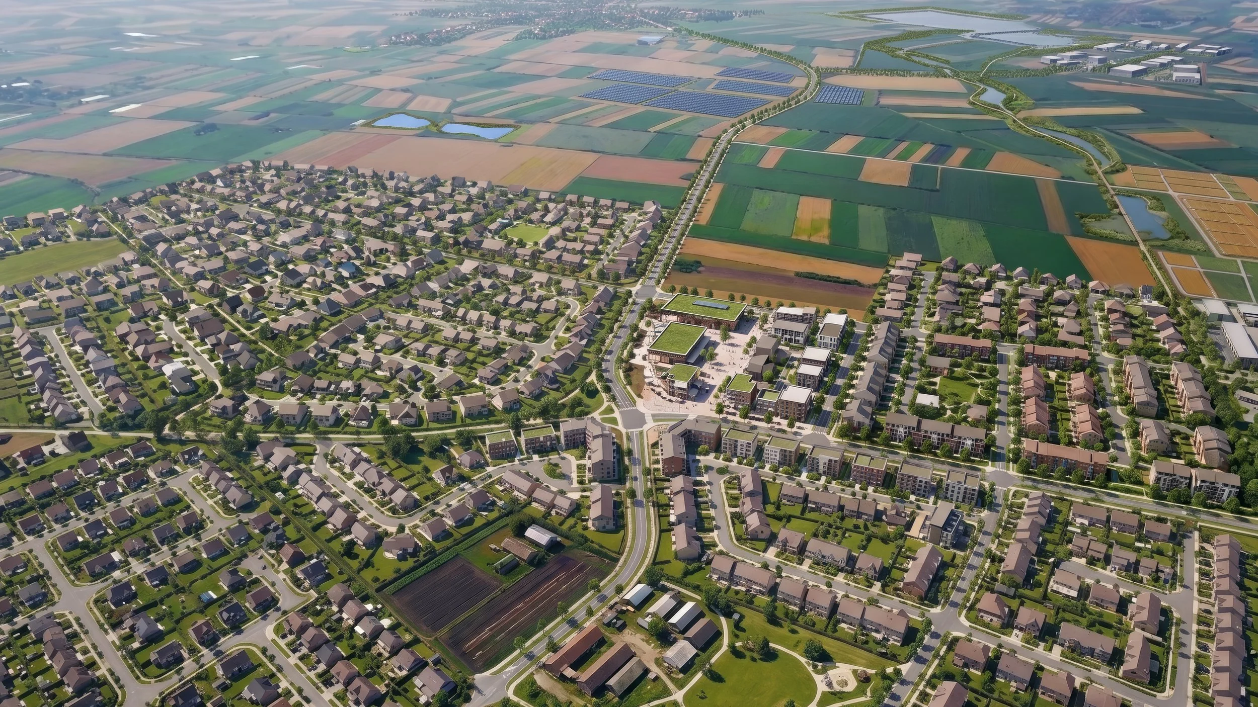 Aerial view of a suburban neighborhood with houses, green lawns, and streets, with agricultural fields, ponds, and solar panels in the background.