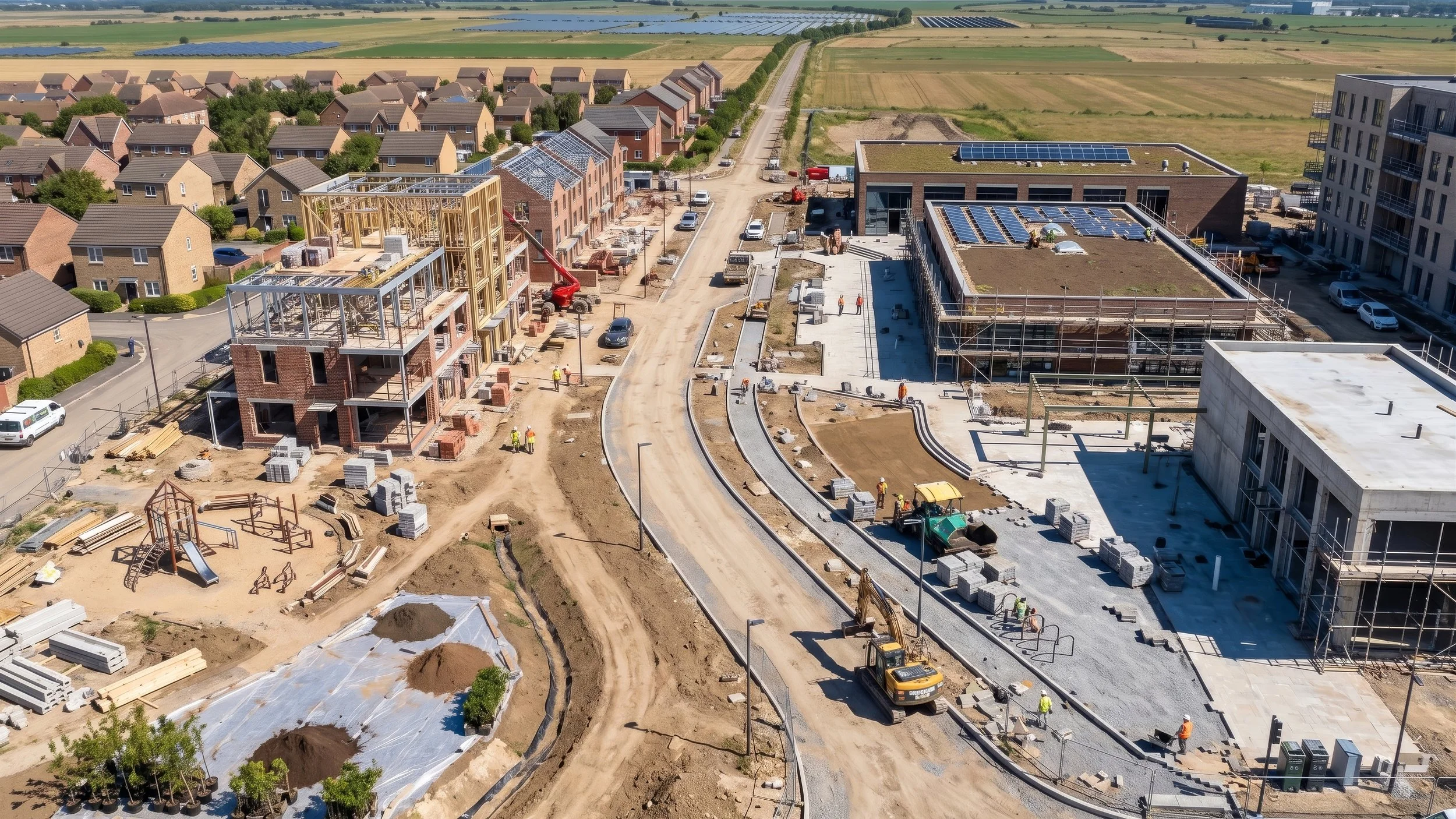 Construction site with partially built residential and commercial buildings, construction workers, and machinery amid a rural landscape with fields and solar panels in the background.
