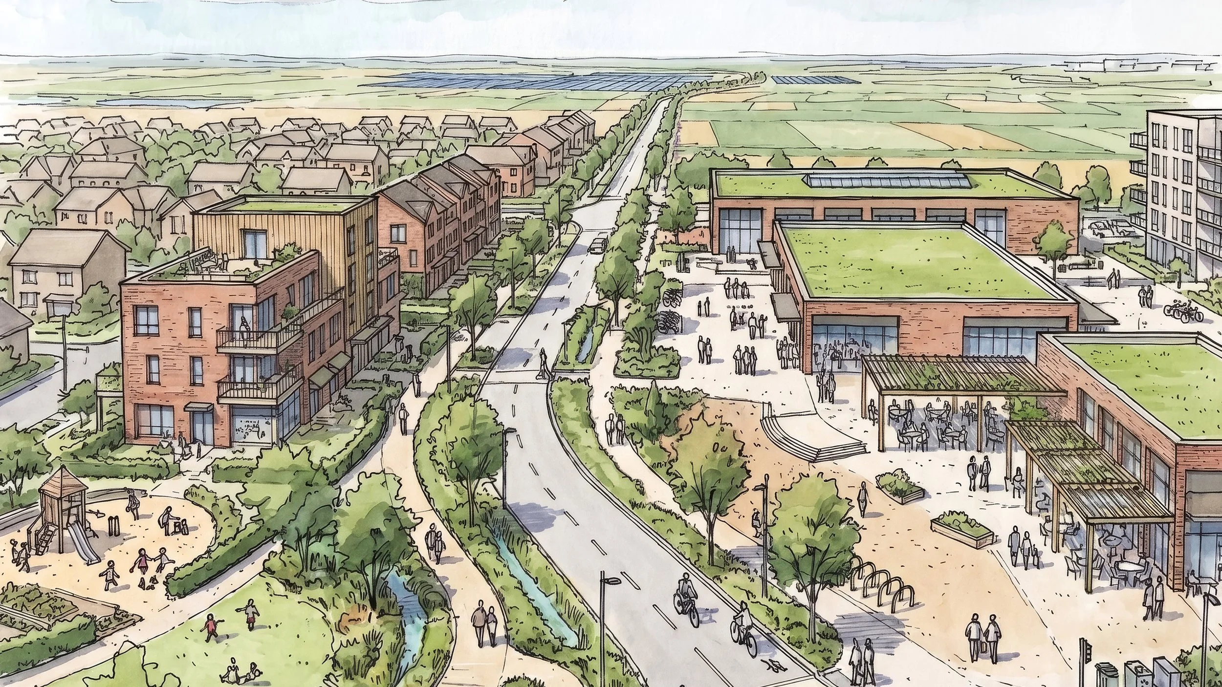 A detailed illustration of an urban neighborhood with modern buildings, a playground, lush green trees, and a wide street filled with pedestrians and cyclists, with expansive farmland and fields in the background.