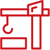 Red icon of a crane lifting a box in a warehouse or construction site.