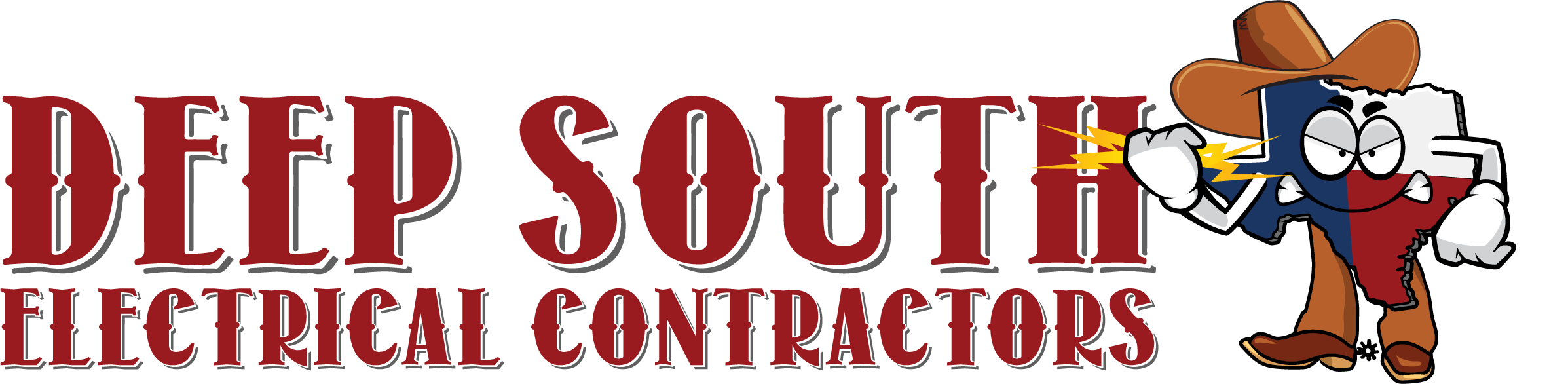 Deep South Electrical Contractors logo featuring an animated character of a box of electrical wires with glasses, cowboy hat, and boots, with lightning bolts coming from its eyes.