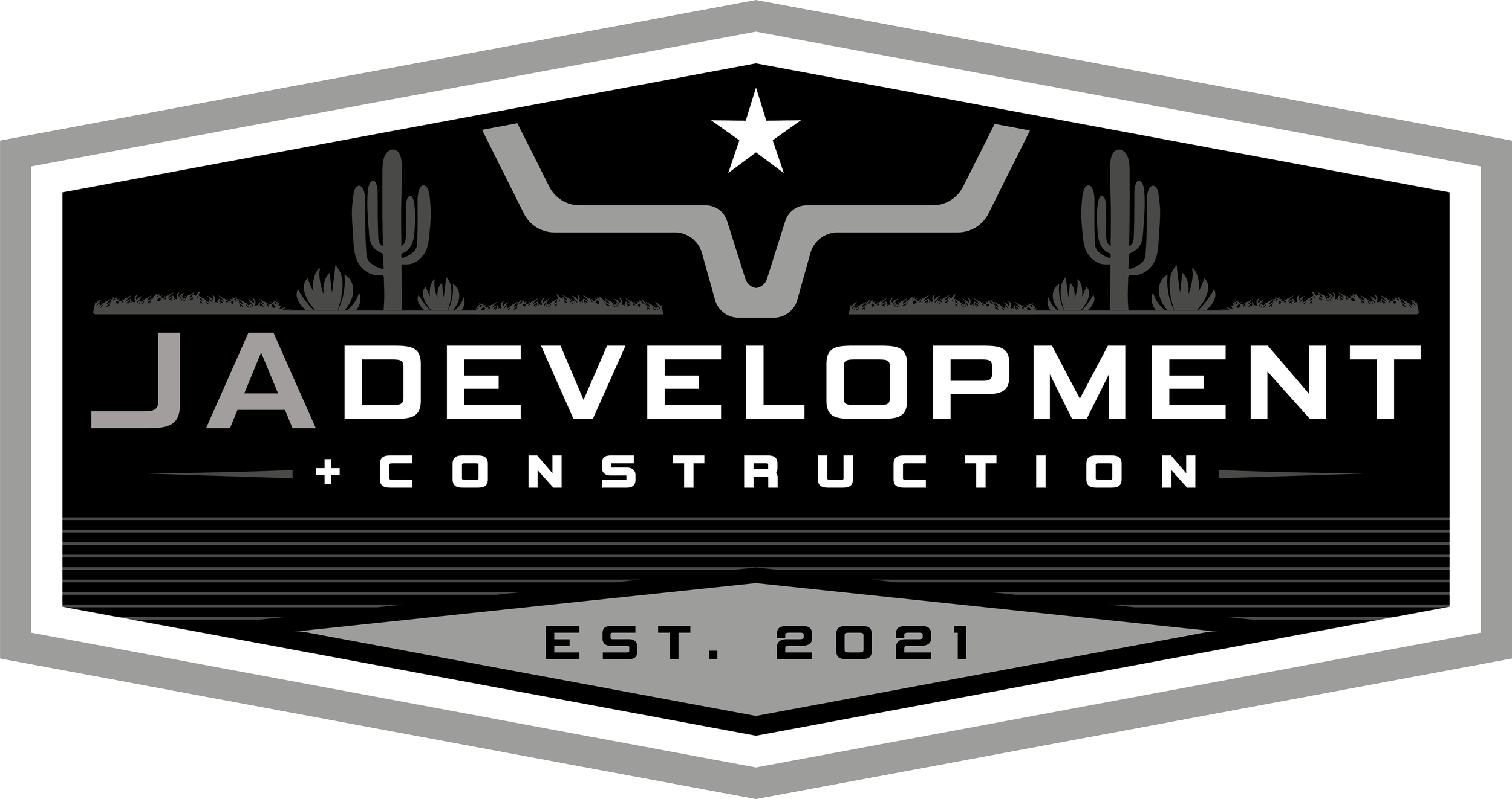Logo for Jade Development and Construction, established in 2021, featuring desert landscape with cacti and a star, in black, white, and gray.